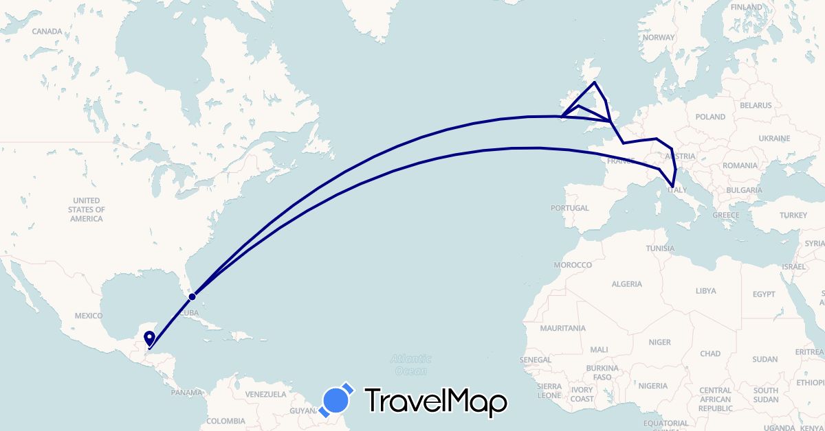 TravelMap itinerary: driving in Belize, Germany, France, United Kingdom, Ireland, Italy, United States (Europe, North America)